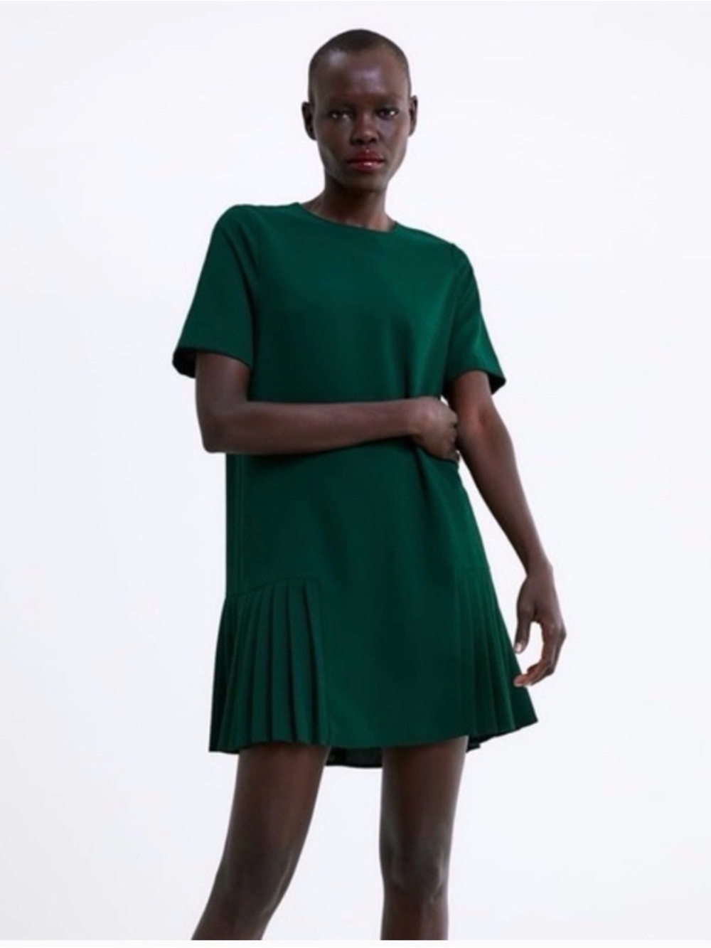 Zara | Forrest Green Short Sleeve Pleated-Hem Mini Dress